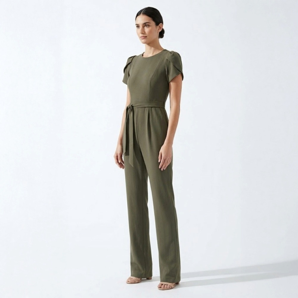 Calvin Klein Tulip Sleeve Tie Waist Straight‎ Leg Jumpsuit Green Women 2